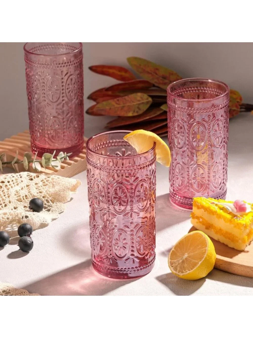 Vintage Pink Highball Glasses Set, 12oz Drinking Glassware, Retro Home Decor